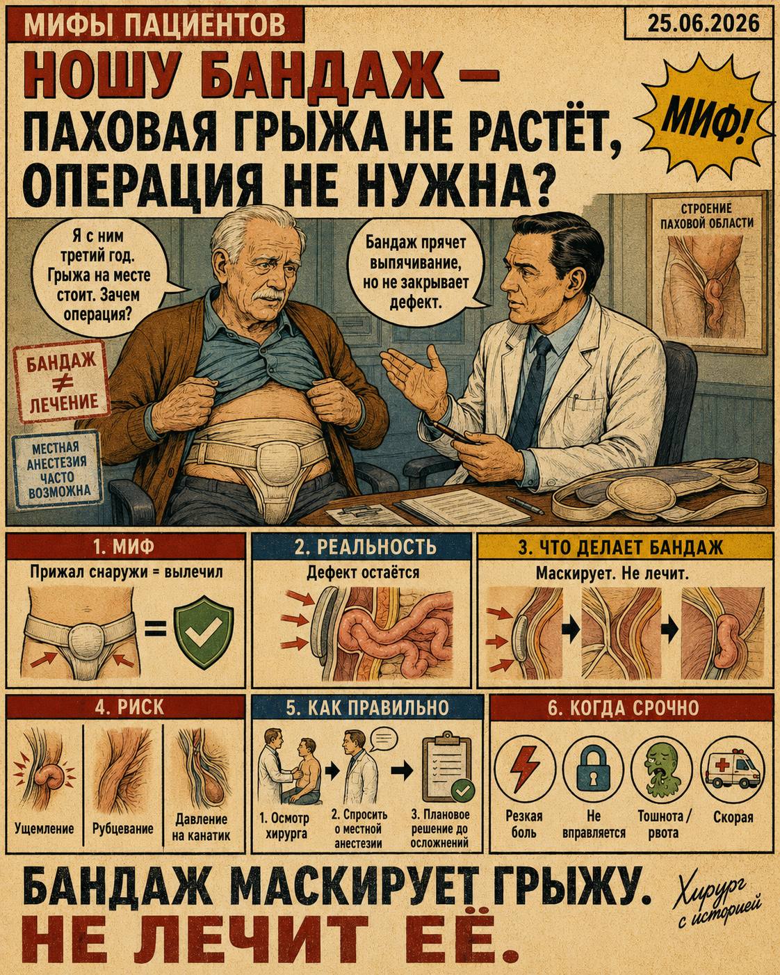 Мифы пациентов │ Ношу бандаж — паховая грыжа не растёт, операция не нужна?